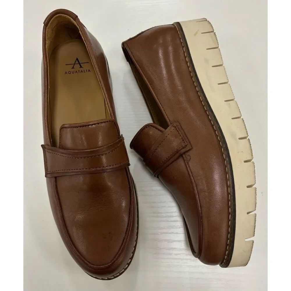 Aquatalia Genevive Leather Platform Loafers in Cognac/ Size 6